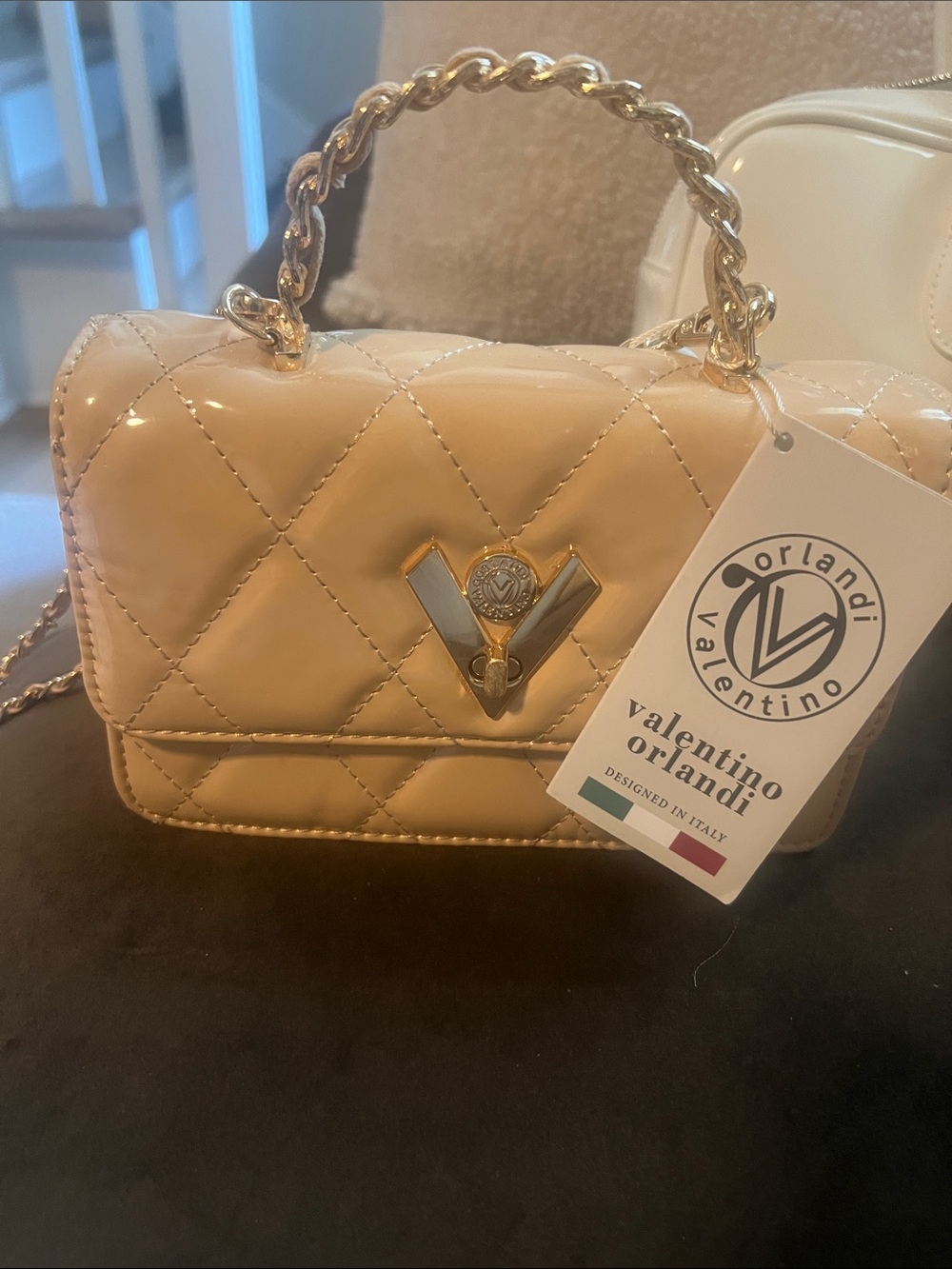 Valentino Orlandi Beige Quilted Patent Chain-Handle Crossbody